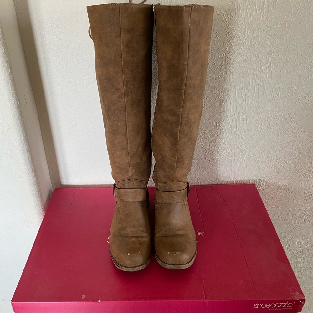 Tan Leather Lace-up Knee High Boots
